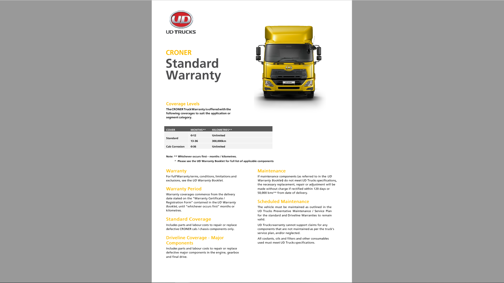 UD Croner Standard Warranty