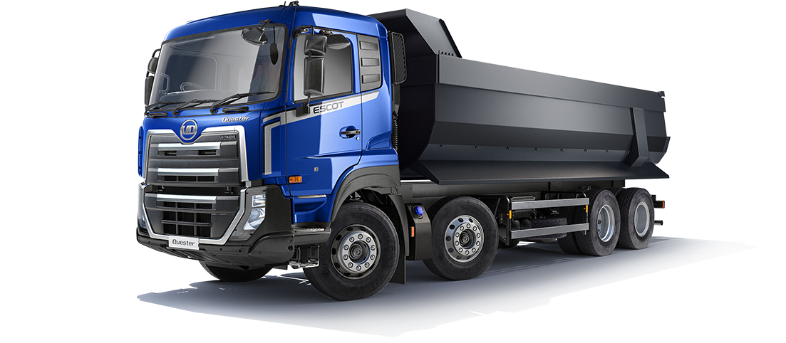 Truk dump biru besar dengan bak hitam, tampak dari samping depan.