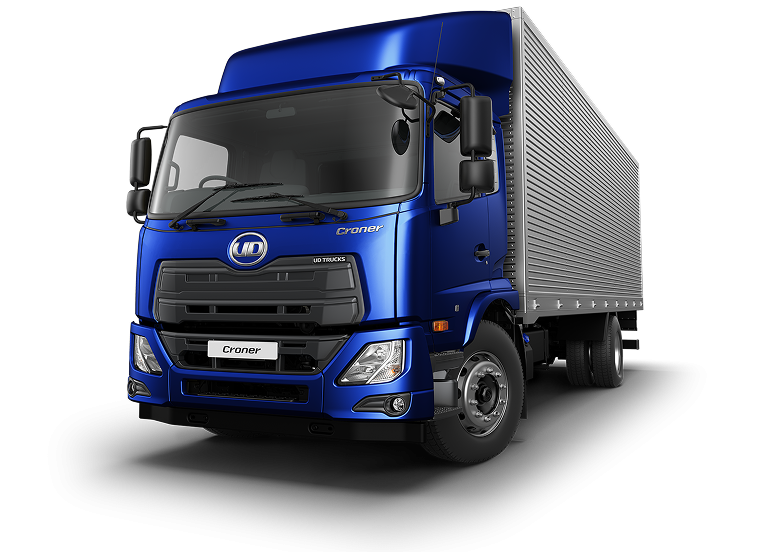 Blue delivery truck with silver cargo area on a white background.