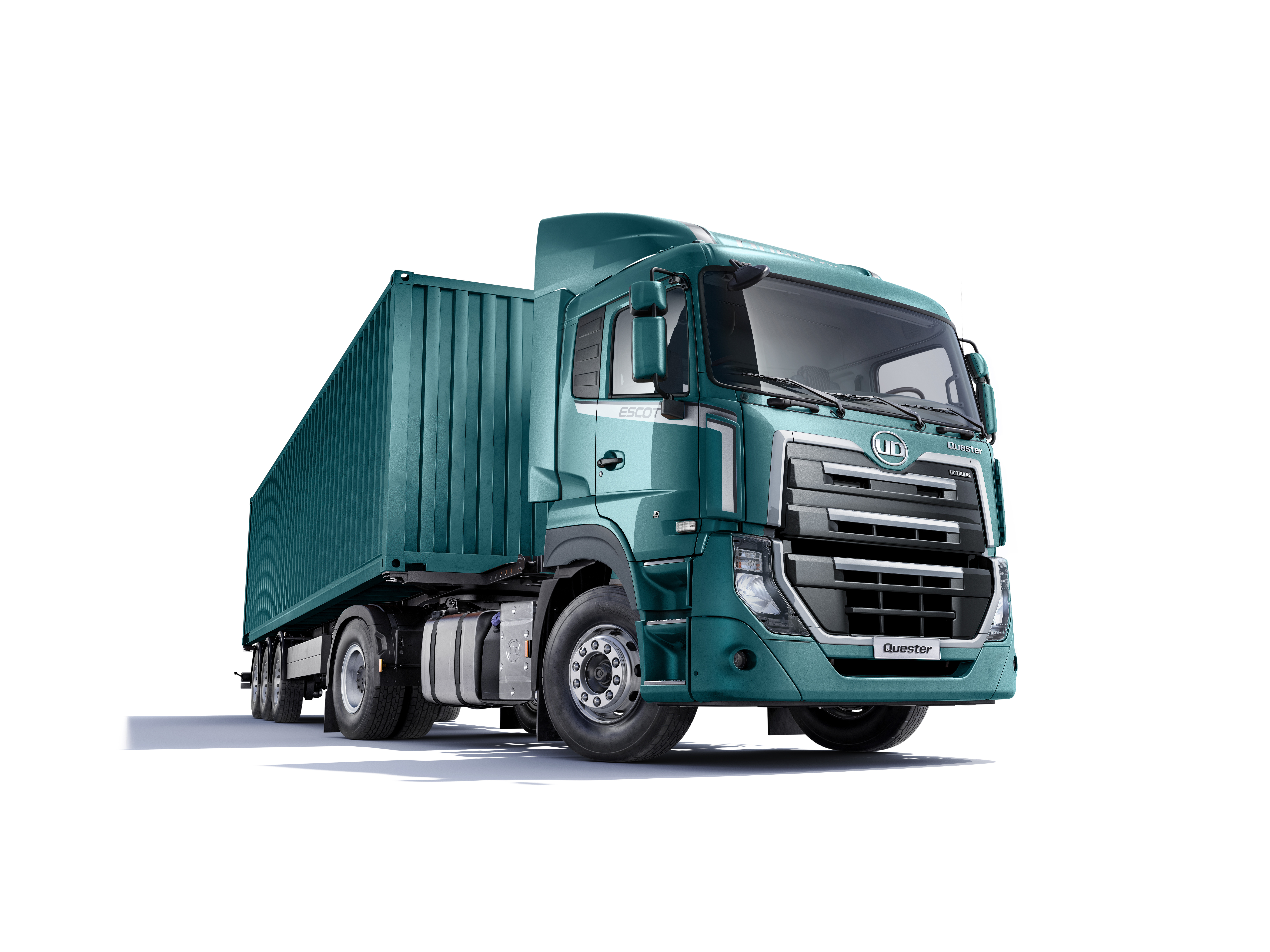 Quester Teal semi-truck with a large cargo container on a white background.