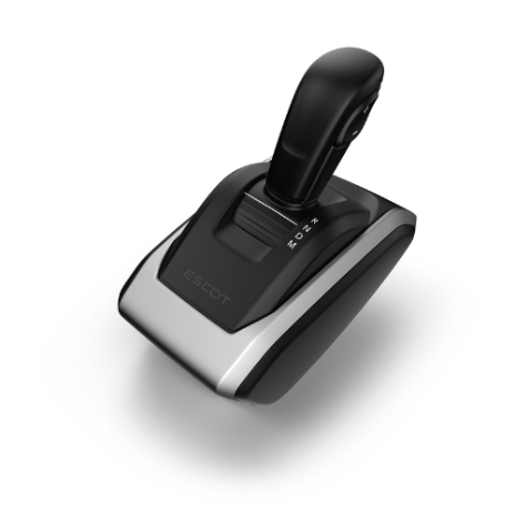 Black and silver gear shift lever on a white background.