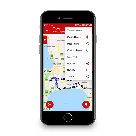 អេក្រង់ទូរស័ព្ទបង្ហាញផែនទីនឹងផ្លូវជ្រើសរើសម៉ឺនុយ