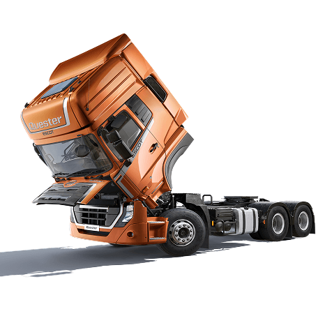 Lori jingga dengan bahagian hadapan enjin terbuka.