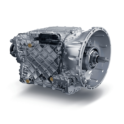 Silver automotive transmission gearbox with detailed metal casing.