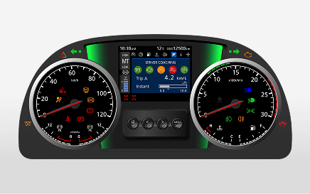 Digital car dashboard with gauges, warning lights, and a central display screen.