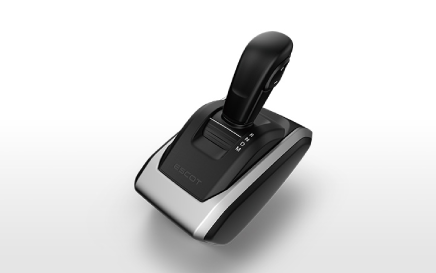 Black and silver gaming joystick on a white background.