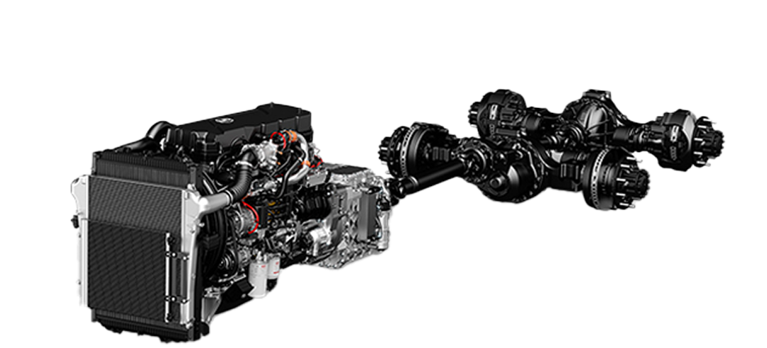 Vehicle engine and drivetrain assembly on a white background.